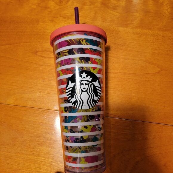 RARE Starbucks 2017 Starbucks 24oz Venti Cold Cup Tumbler Flower Floral Stripes - Picture 2 of 6